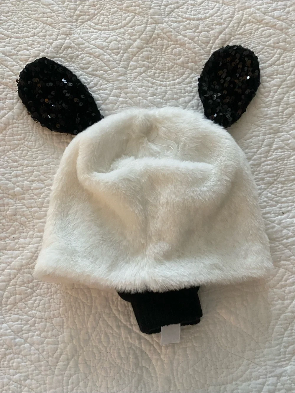 Justice White Faux Fur Panda Beanie with Black Sequin Ears and Black Gloves